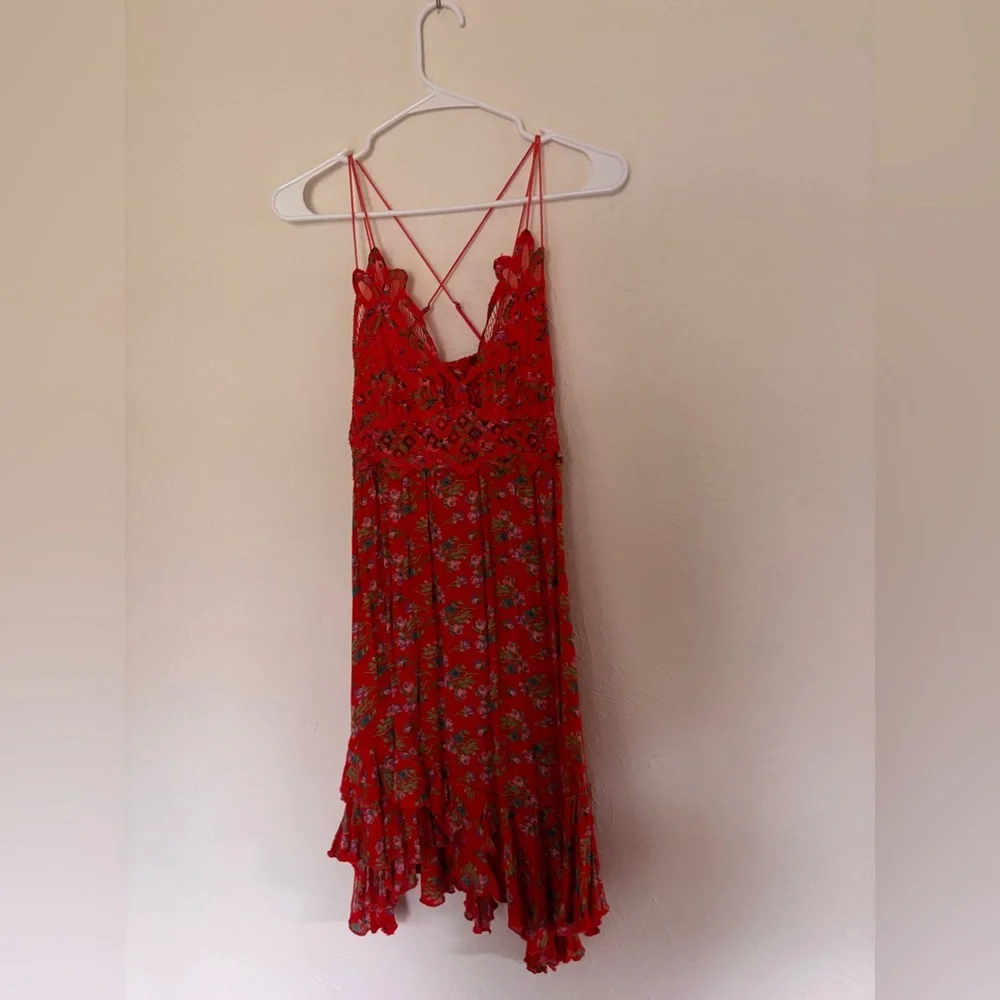 Free People Adella floral printed slip mini dress, featuring a lace bodice Small